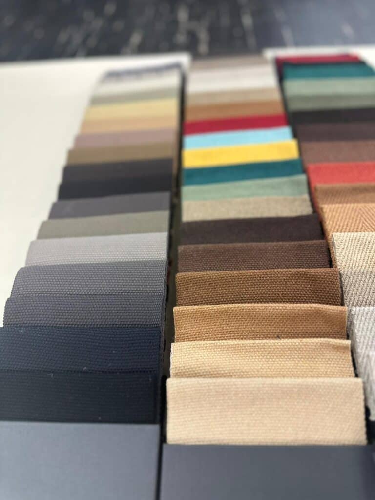Fabric swatches in various colours and textures.